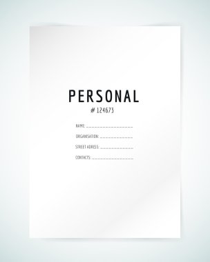 Form blank template. Business folder, paper and print, office, personal information, text, top secret. Vector element. Print design. Isolated on white.