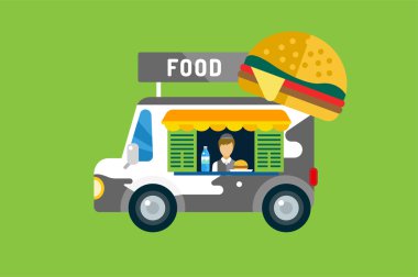 Fast food car icon. Meat grilled product, hot dogs, hamburger, auto transport, transportation, mobile restaurant, fast food, lunch time. Design elements.  Isolated on green.