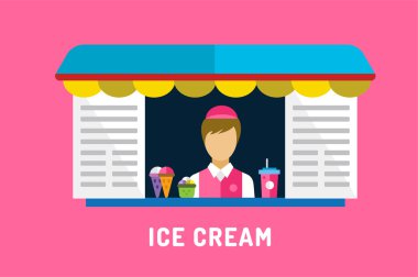 Ice cream fast food objects set. Milk product, vanilla symbol, auto transport, mobile food shop, mobile restaurant, fast food, kids dessert. Design elements. Isolated on pink.