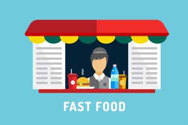 Fast food vektör nesneleri ayarlayın. Su şişesi, meyve suyu, yemek, dondurma, hamburger, sosisli sandviç, mobil gıda veya restoran, fast food, öğle yemeği zamanı. Tasarım öğeleri. 