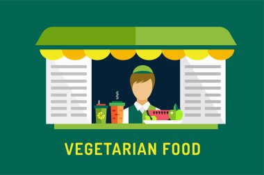 Vegetarian city food shop object icons. Nature product, vitamin symbol, auto restaurant, mobile kitchen, hot fastfood, green vegetables. Design elements. Isolated on green.