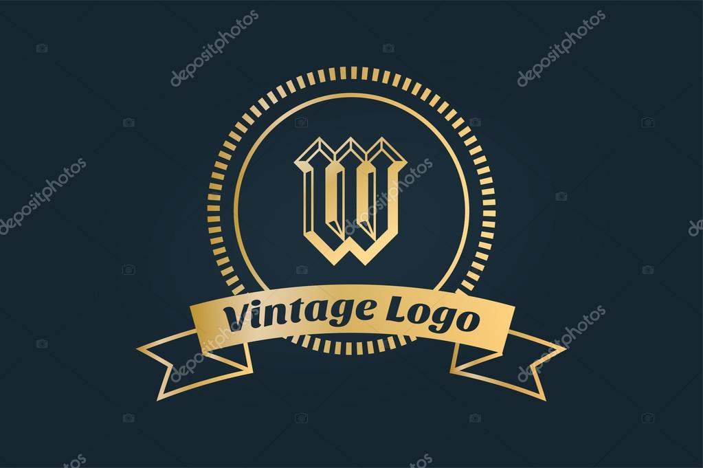 Vintage old style logo icon template. Vintage retro style. W logo. Arrows, labels, ribbons, decor, shield logo, knight logo, premium quality vector. Logo design. Retro style