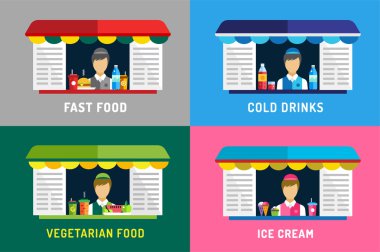 Fast food restaurants vector objects. Water bottle, juice, eat and ice cream, hamburger,  restaurant, lunch time, man worker silhouette, vegetarian food, eco products. Food market shop.