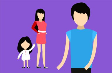 Happy family together. Portrait, home, happy. Mother, father and girl. Family time, summer, vacation. Relationships. People cartoon characters isolated. Red dress, blue t-short. Man, woman  silhouette