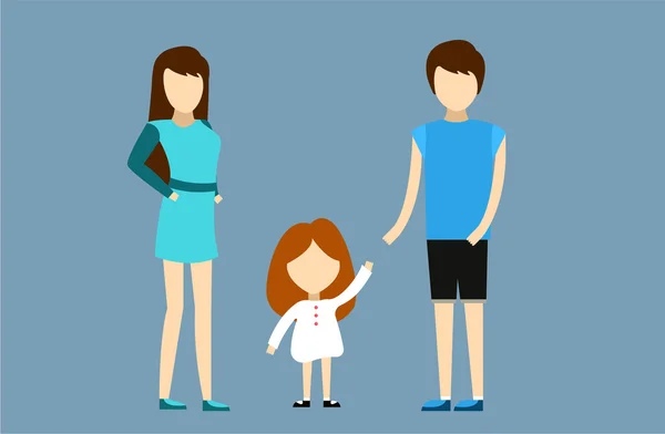 Familia feliz juntos. Retrato, casa, feliz. Madre, padre e hija. Tiempo en familia, verano, vacaciones. Las relaciones. Personas personajes de dibujos animados aislados. Vestido rojo, camiseta corta azul. Hombre, silueta de mujer — Vector de stock