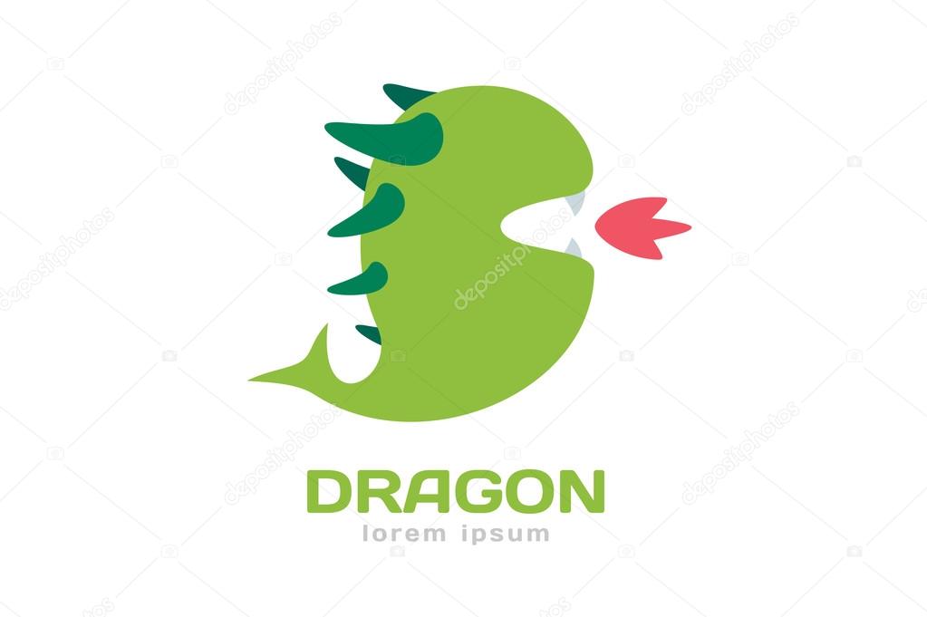 Cute dragon silhouette logo icon. Dragon logotype. Crocodile vector silhouette. Open mouth with fire. Fantasy character mascot. Comic hero