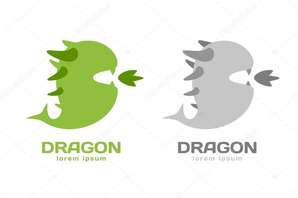 Cute dragon silhouette logo icon. Dragon logotype. Crocodile vector silhouette. Open mouth with fire. Fantasy character mascot. Comic hero