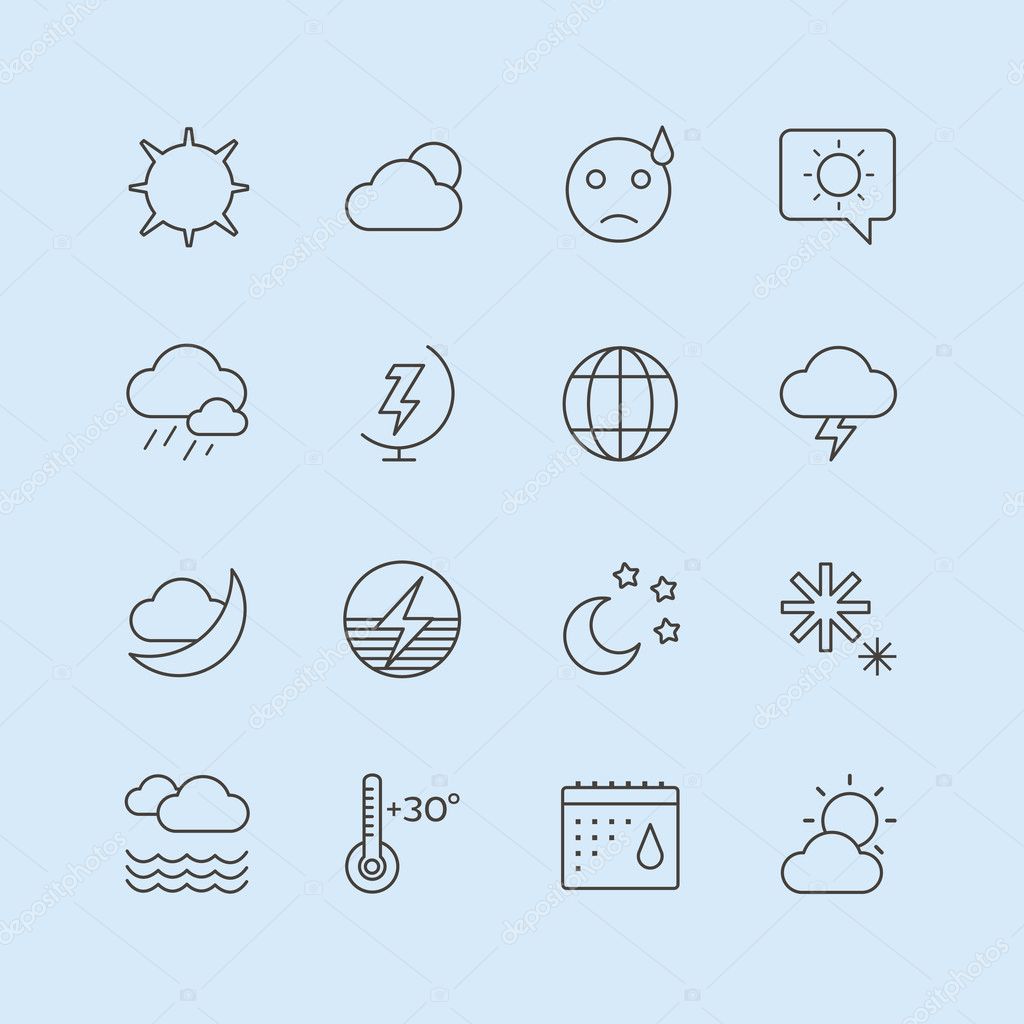 Weather icons outline set. Moon, sky, wind cloud, umbrella and wind. Calendar logo and weather forecast, snowflake, globe. App buttons