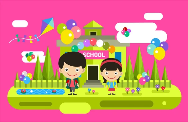 Back to school background. Cute vector cartoon boy and girl playing near building — Διανυσματικό Αρχείο