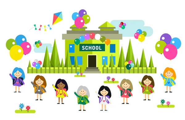 Cute vector cartoon girls from different countries playing near school building — ストックベクタ