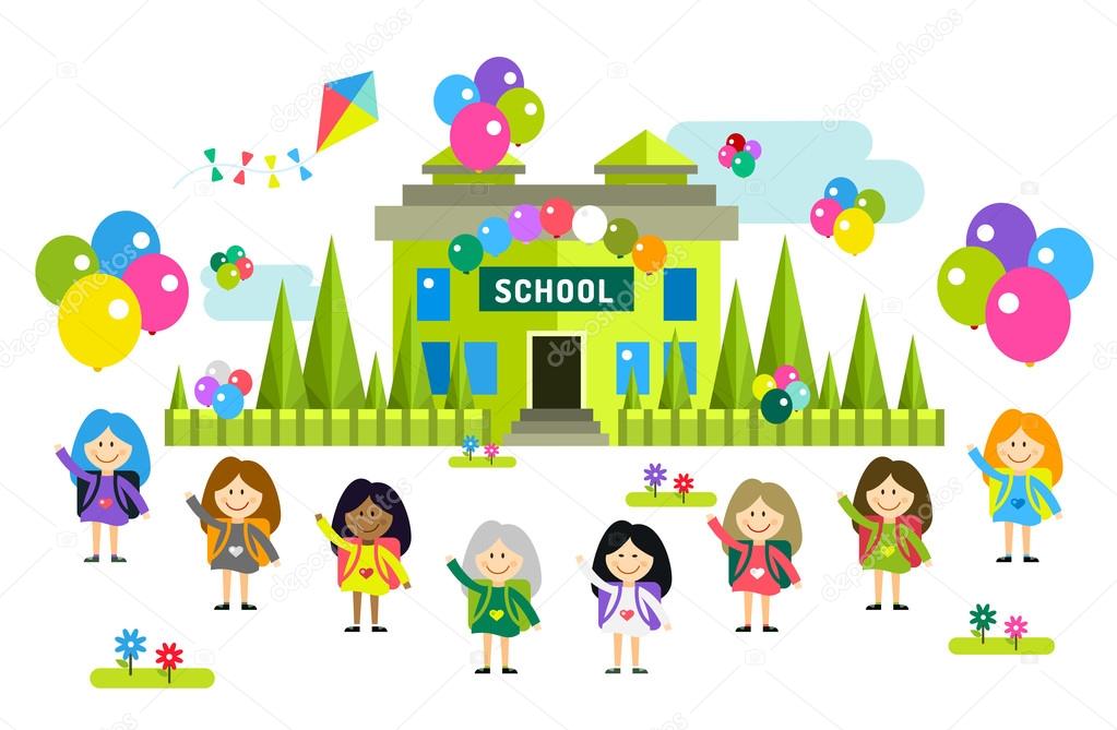 Cute vector cartoon girls from different countries playing near school building
