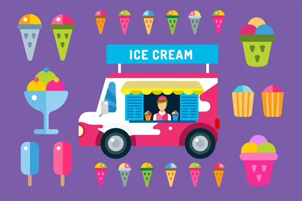 Ice cream vector truck van and icons set — 图库矢量图片