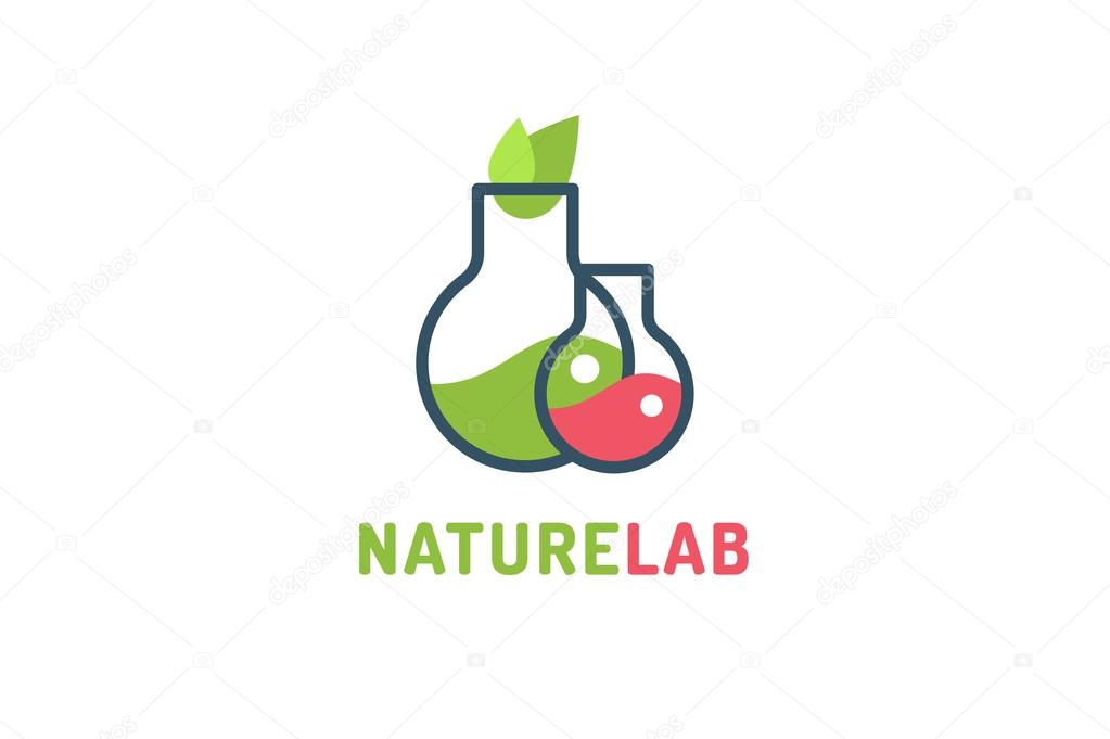 Laboratory ecology vector logo. Lab Eco icon logo isolated. Chemicals, nature logo, natural logo, science logo icon,technology logo, Eco green icon logo. laboratory glassware and leaves. Lab glassware