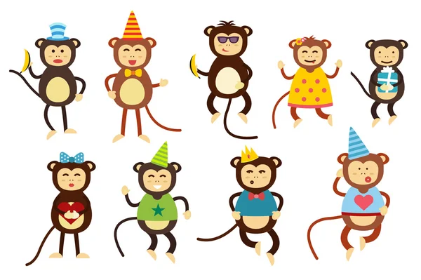 Happy cartoon vector monkey dancing party birthday background — Stock vektor