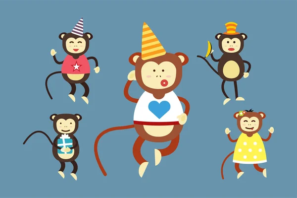 Happy cartoon vector monkey dancing party birthday background — Διανυσματικό Αρχείο