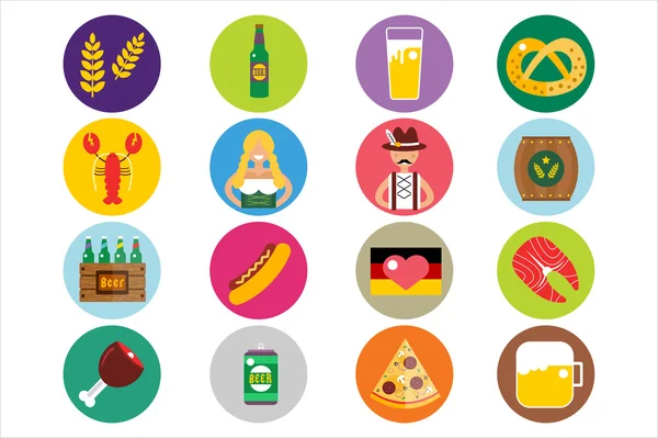 Conjunto de iconos vectoriales planos Oktoberfest. Cerveza de botella, comida y bebidas — Archivo Imágenes Vectoriales