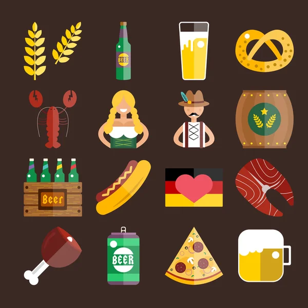 Conjunto de iconos vectoriales planos Oktoberfest. Cerveza de botella, comida y bebidas — Vector de stock