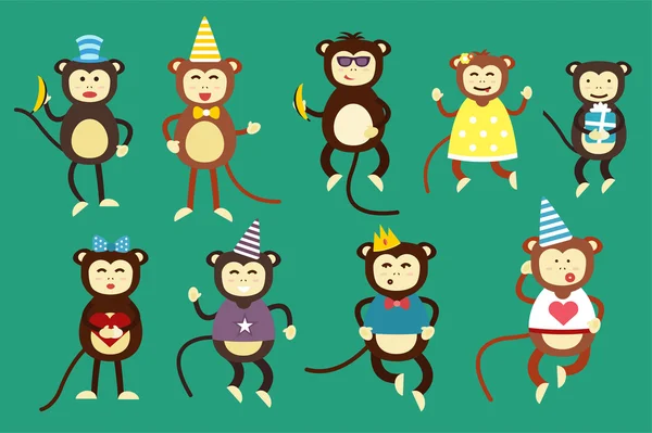 Happy cartoon vector monkey dancing party birthday background — 스톡 벡터