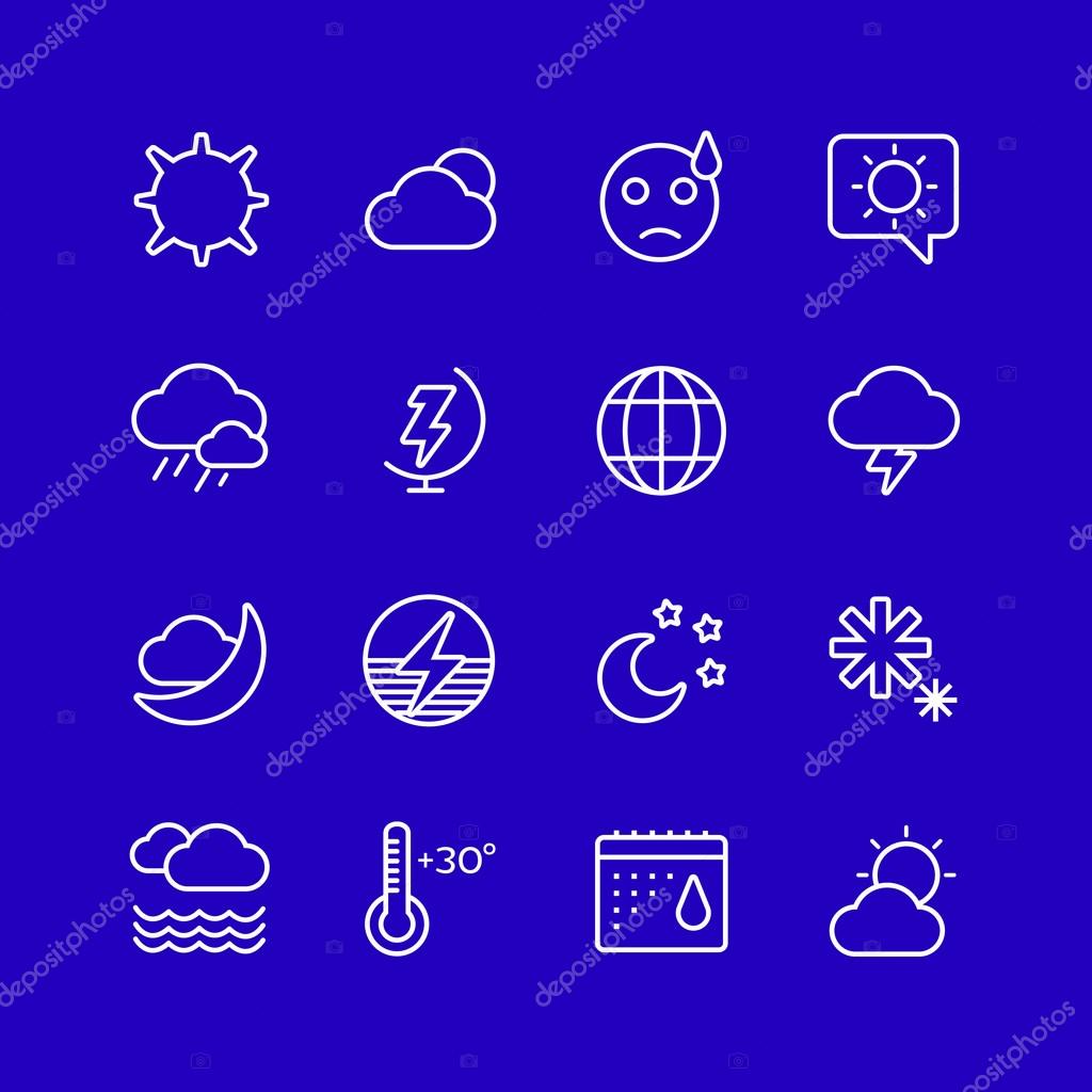 Weather icons outline set. Moon, sky, wind cloud, umbrella and wind. Calendar logo and weather forecast, snowflake, globe. Weather app buttons. Weather icons set. Weather symbols vector icons