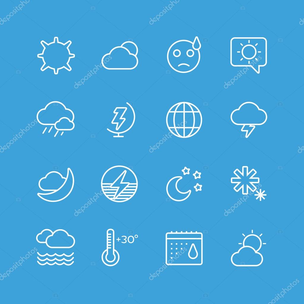 Weather icons outline set. Moon, sky, wind cloud, umbrella and wind. Calendar logo and weather forecast, snowflake, globe. Weather app buttons. Weather icons set. Weather symbols vector icons