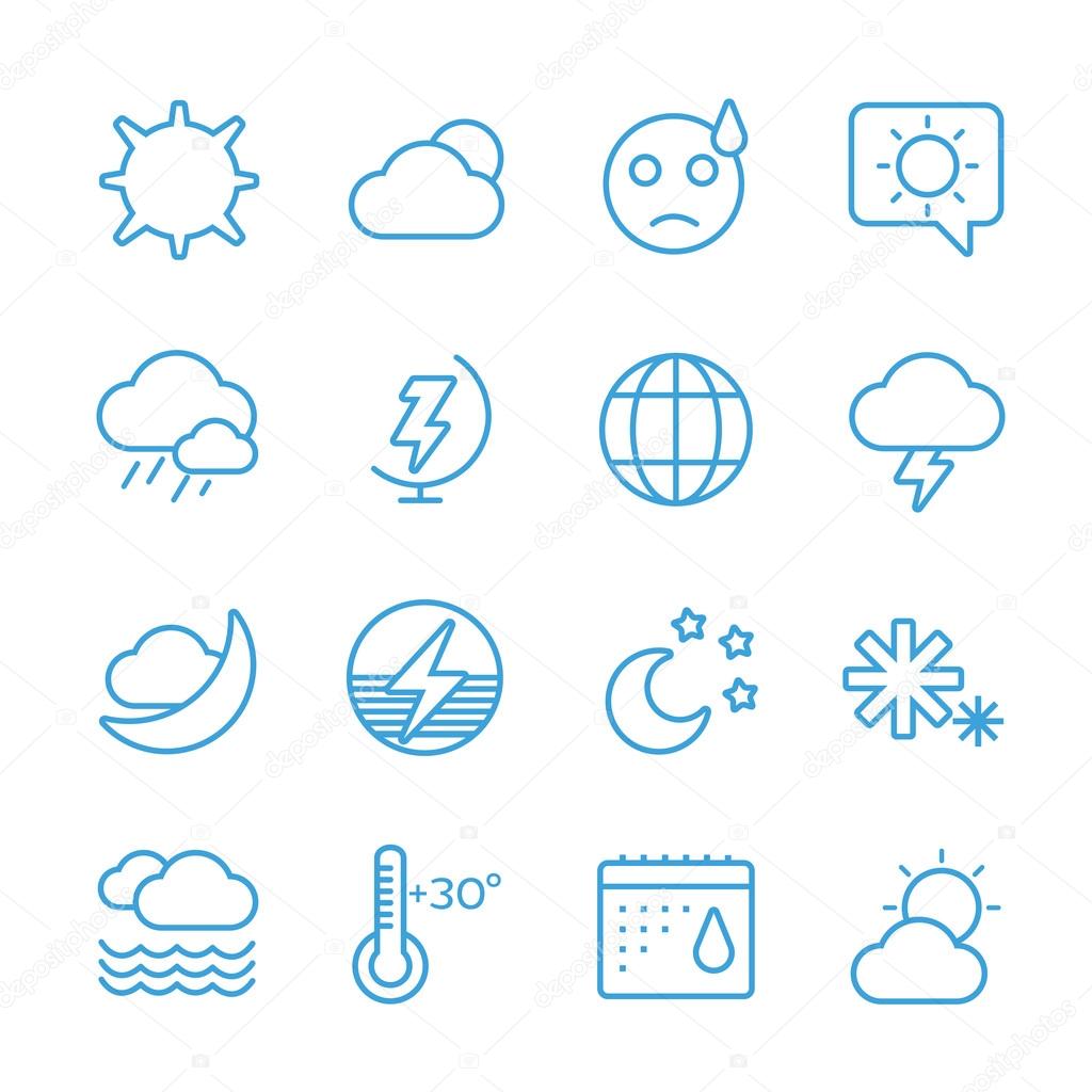 Weather icons outline set. Moon, sky, wind cloud, umbrella and wind. Calendar logo and weather forecast, snowflake, globe. Weather app buttons. Weather icons set. Weather symbols vector icons