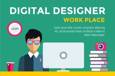 Designer boy at workplace vector silhouette