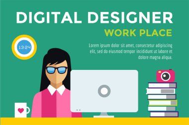 Designer girl at workplace vector silhouette