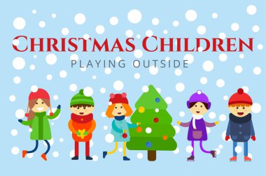 Christmas kids playing winter games. Skating, skiing, sledding, girl and tree