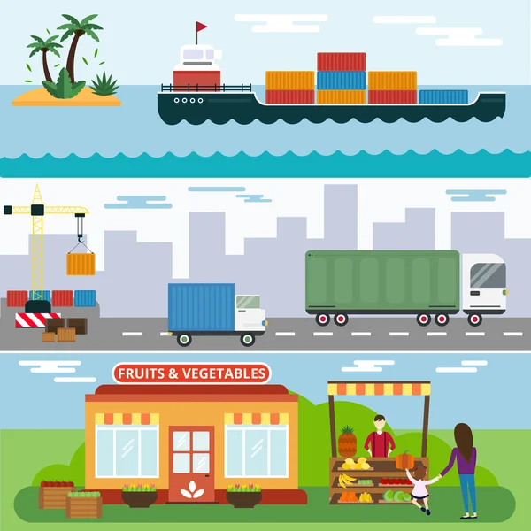 Importation exportation fruits et légumes vecteur de livraison icônes ensemble — Image vectorielle