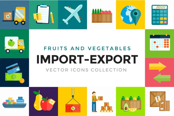 Importación exportación frutas y verduras entrega vector iconos conjunto — Archivo Imágenes Vectoriales