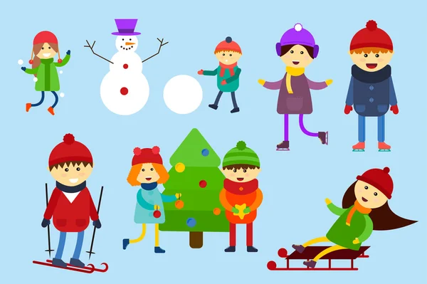Niños de Navidad jugando juegos de invierno. Patinaje, esquí, trineo, niña y árbol — Vector de stock