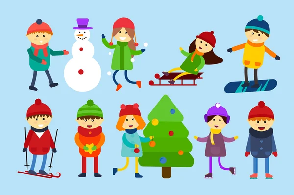 Christmas kids playing winter games. Skating, skiing, sledding, girl and tree — 图库矢量图片
