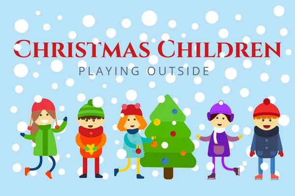 Рождественские дети играют в зимние игры. Катание на коньках, катание на лыжах, катание на санках, девушка и дерево — стоковый вектор