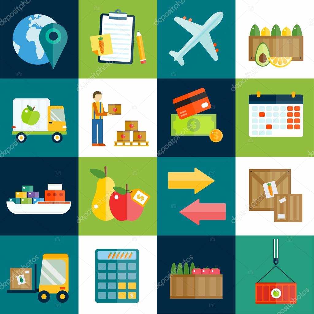 Import export fruits and vegetables delivery vector icons set