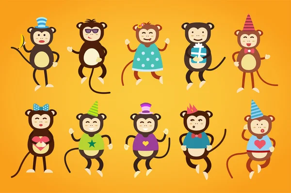 Happy cartoon vector monkey dancing party birthday background — Stock Vector