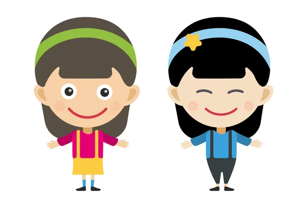 Japanese and indian cartoon vector girls in different costumes — Stok Vektör