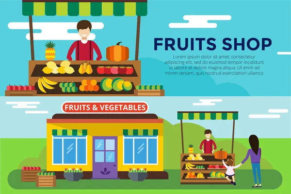 Fruit and vegetables shop counter vector building — Stockový vektor