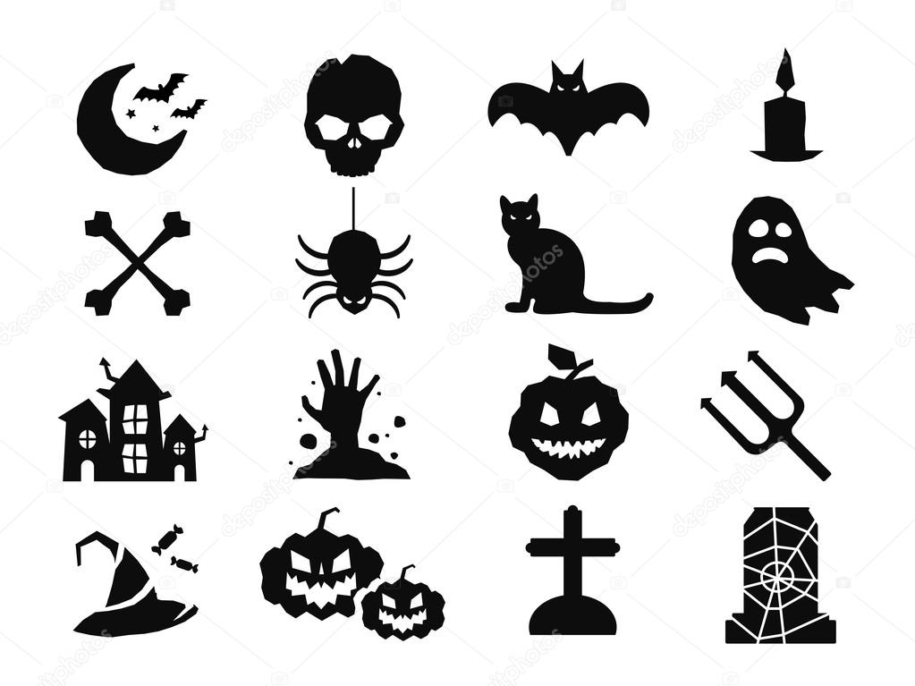 Halloween vector icons set. Pumpkin head, witch broom, candy halloween hat. Black halloween icons set, halloween silhouette for halloween party design. Halloween night, ghost, black cat, zombie