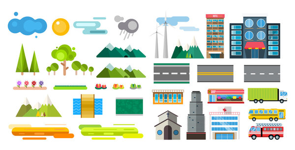 Buildings and city transport flat style illustration