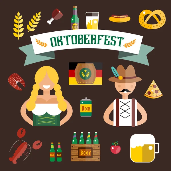 Set of flat Oktoberfest vector icons. Bottle Beer, Food and Drinks — Stockvector