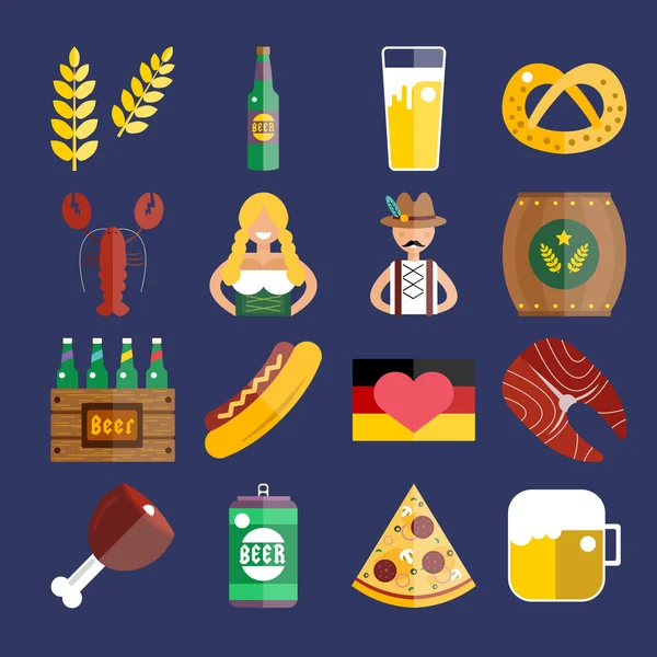 Conjunto de iconos vectoriales planos Oktoberfest. Cerveza de botella, comida y bebidas — Archivo Imágenes Vectoriales