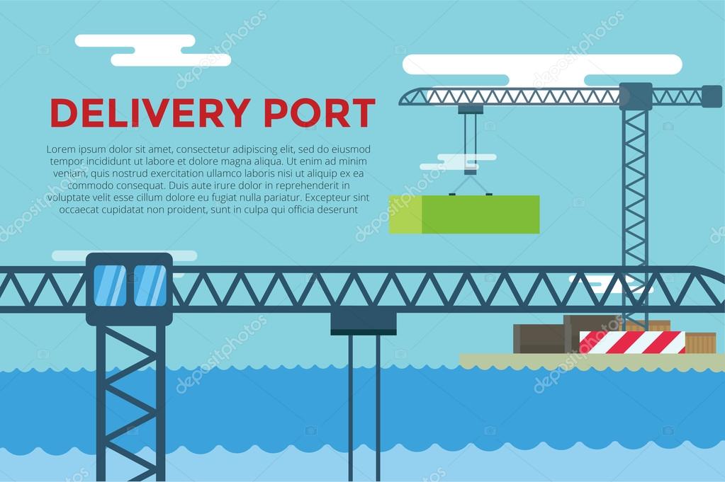 Sea transportation logistic port infographics. Vector transportation concept illustration. Sea shipping dock port terminal. Port, crane, box, sea, ship, delivery. Transport port sea view.Port crane