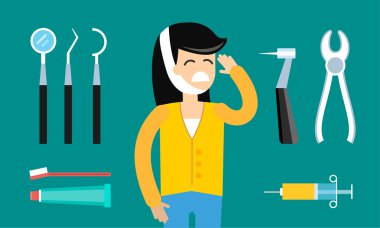 Dentist patient girl with toothache vector tools