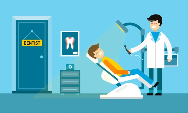 Dentista consultório médico e paciente com vetor de dor de dente —  Vetores de Stock