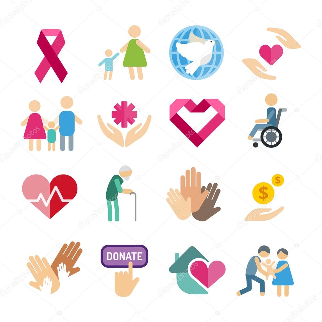 Charity flat icons set. Charity vector logo icons. Charity silhouette isolated. Charity, abstract hands logo, heart logo, old people care, child logo, care logo, togetherness concept, family logo