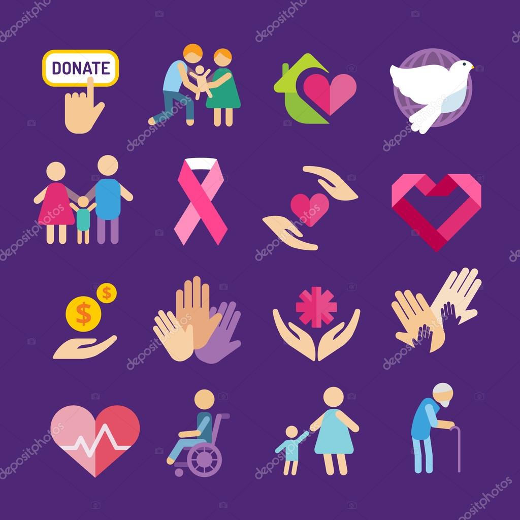 Charity flat icons set. Charity vector logo icons. Charity silhouette isolated. Charity, abstract hands logo, heart logo, old people care, child logo, care logo, togetherness concept, family logo