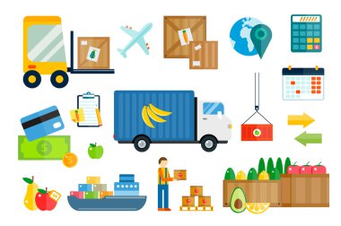 İthalat ihracat meyve ve sebze teslimat vektör Icons set