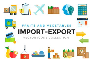 İthalat ihracat meyve ve sebze teslimat vektör Icons set