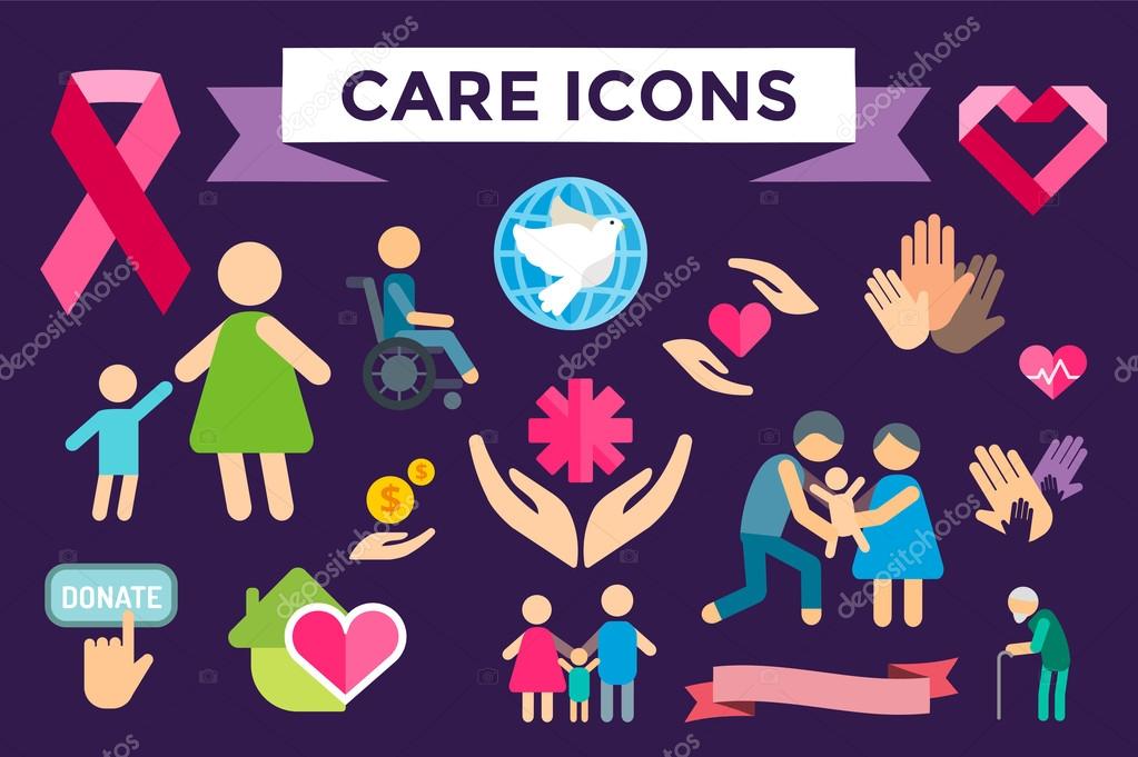 Charity care flat icons set. Care vector logo icons. Care silhouette isolated. Care, abstract hands logo, heart logo, old people care logo, child care logo, care logo, togetherness concept, family