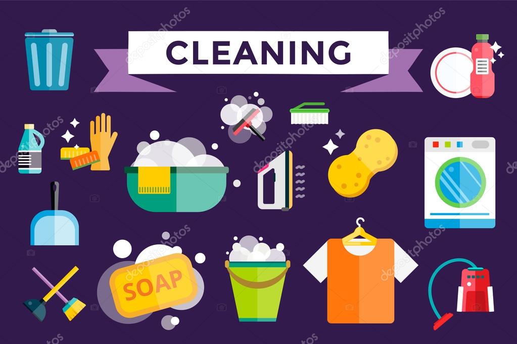 Cleaning icons vector set. Icons of clean service and cleaning tools. Housework cleaning icons vector set. Home clean, sponge icon, broom icon, bucket icon, mop icon, cleaning brush vector icon
